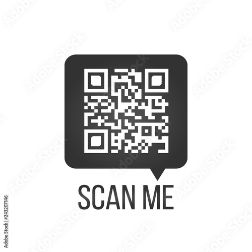 QR code in speech bubble, scan me concept, vector icon or symbol isolated on white background.