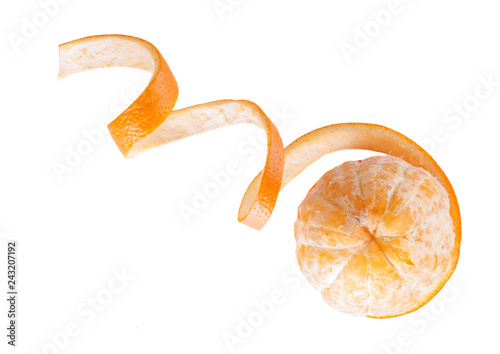 orange peel in the form of a spiral, peeled orange,.  isolated on white background