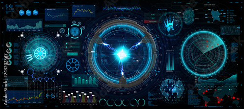 Innovation system, HUD UI elements collection. Futuristic User Interface (data, charts, gadgets, app elements, dashboard, earth map, hologram, radars) HUD elements set. Vector collection