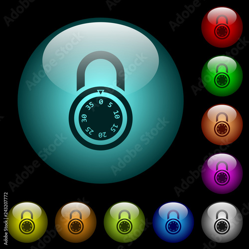 Locked round combination lock icons in color illuminated glass buttons