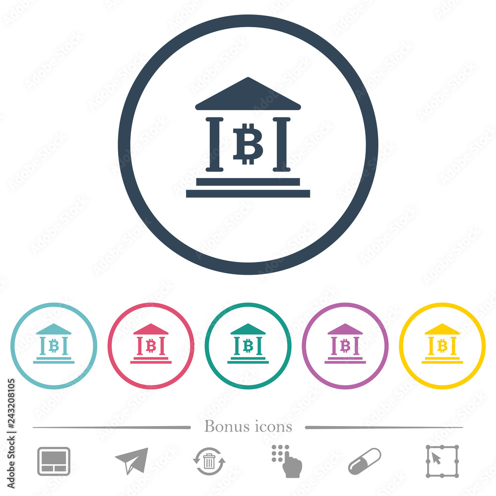 Bitcoin bank office flat color icons in round outlines Bitcoin bank office flat color icons in round outlines