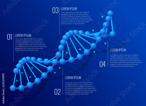 Isometric DNA helix, DNA Analysing concept. Digital blue background. Innovation, medicine, and technology. Abstract infographic