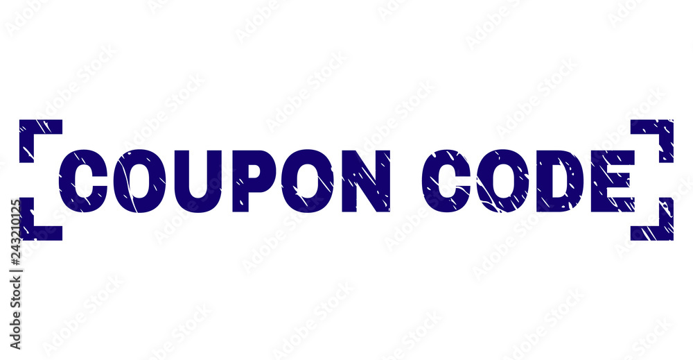 COUPON CODE title seal print with distress effect. Text title is placed inside corners. Blue vector rubber print of COUPON CODE with unclean texture.