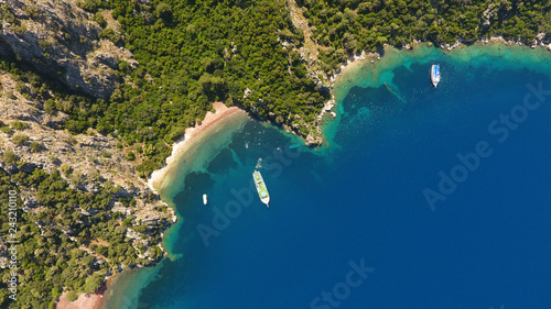 Beautiful aerial view of Marmaris,Aegean and Mediterranean Peninsula coastline and Daily Boat Excursion at sunshine. Marmaris Mugla Turkey