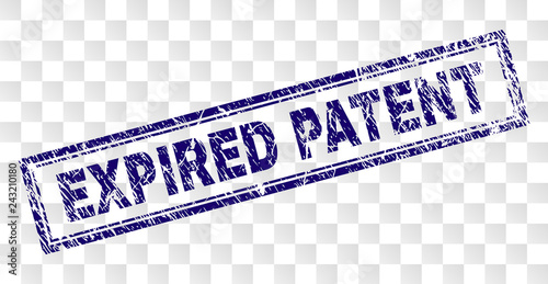 EXPIRED PATENT stamp seal print with rubber print style and double framed rectangle shape. Stamp is placed on a transparent background.