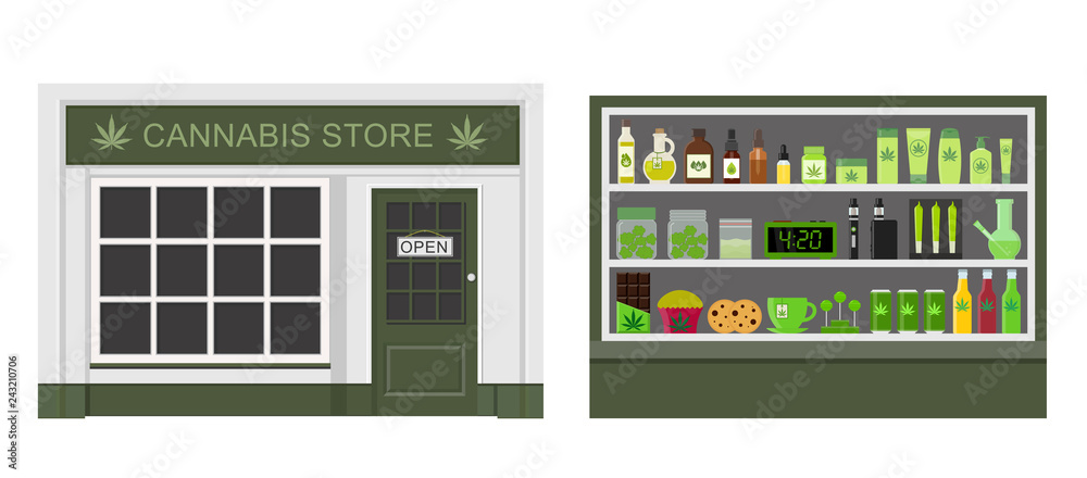 Cannabis store. Marijuana equipment and accessories for smoking, storing medical cannabis. Marijuana products. Marijuana Legalization. Isolated vector illustration.
