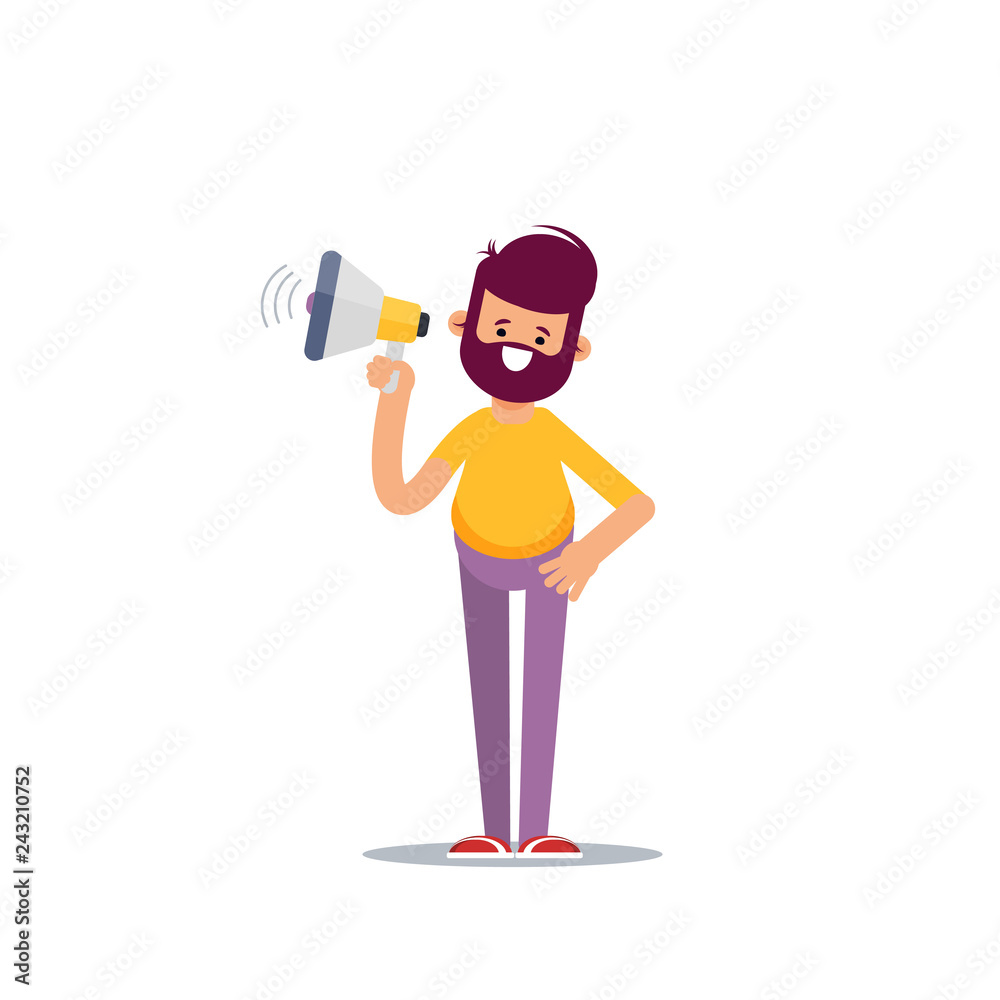 A businessman in formal suit holding megaphone and shouting in it. Cartoon character - manager with bullhorn. Business concept. A businessman in formal suit holding megaphone and shouting in it. Cartoon character - manager with bullhorn. Business concept.