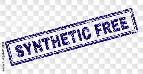 SYNTHETIC FREE stamp seal print with corroded style and double framed rectangle shape. Stamp is placed on a transparent background.