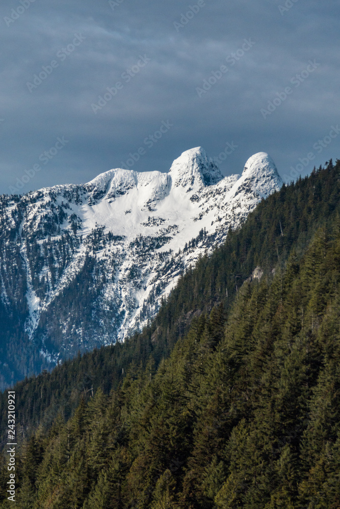 twin peaks of lions mountain covered in snow behind green forest covered slopes on an over cast day