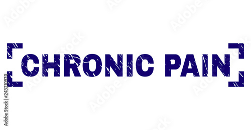 CHRONIC PAIN caption seal print with distress texture. Text tag is placed inside corners. Blue vector rubber print of CHRONIC PAIN with unclean texture.