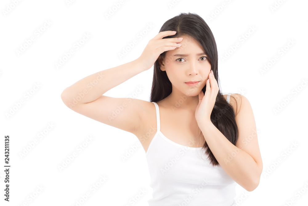Portrait of beautiful woman asian is a acne, zit treatment, girl problem beautiful face, beauty perfect with wellness isolated on white background with skin healthcare concept. Portrait of beautiful woman asian is a acne, zit treatment, girl problem beautiful face, beauty perfect with wellness isolated on white background with skin healthcare concept.