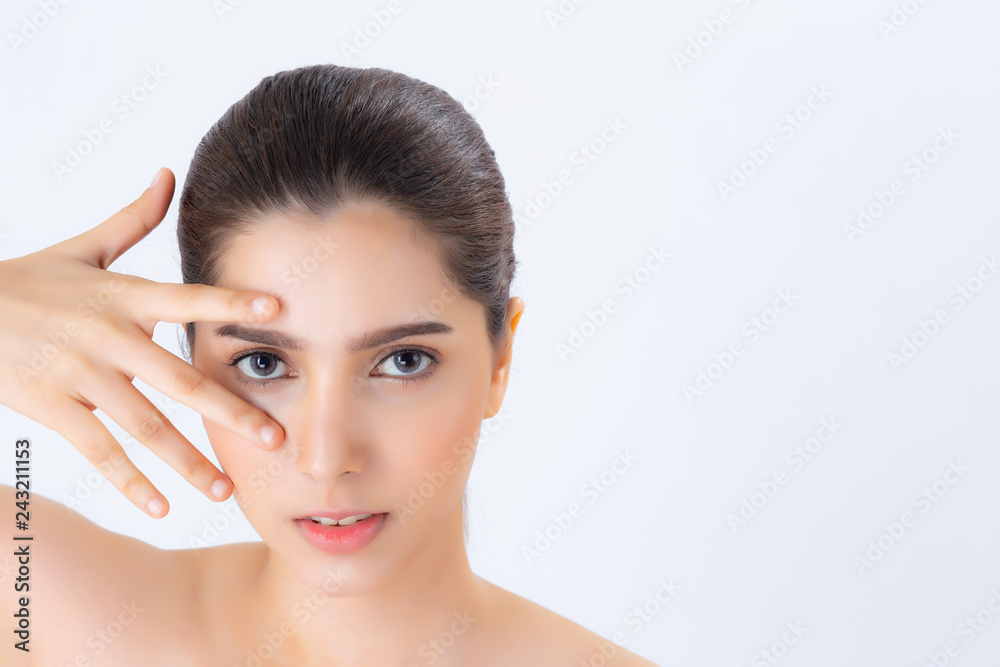 Portrait of beautiful woman makeup of cosmetic, girl hand eye and smile attractive, face of beauty perfect with wellness isolated on white background with skin healthcare concept.
