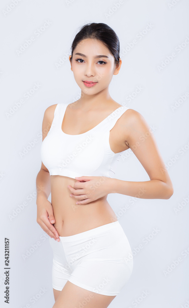 Portrait young asian woman smiling beautiful body diet with fit isolated on white background, model girl weight slim with cellulite or calories, health and wellness concept. Portrait young asian woman smiling beautiful body diet with fit isolated on white background, model girl weight slim with cellulite or calories, health and wellness concept.