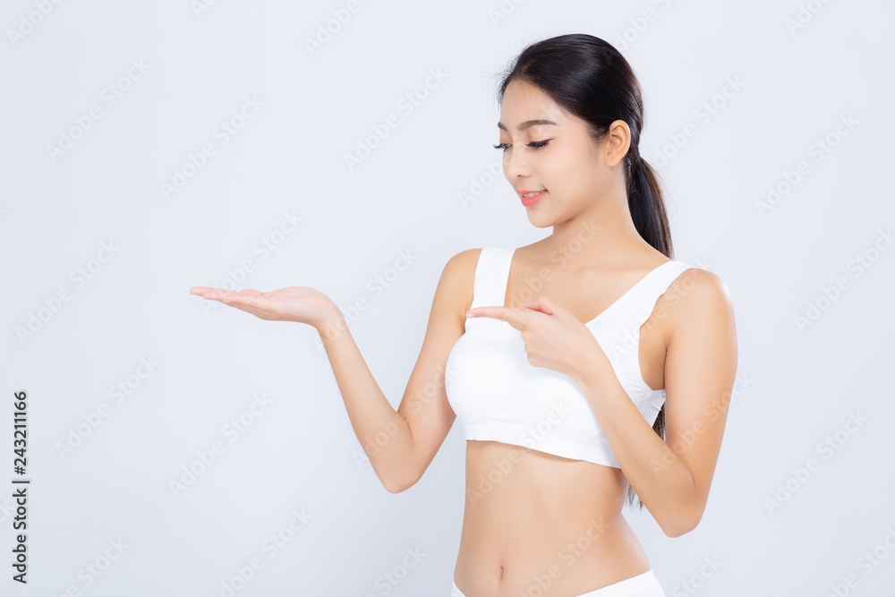 Portrait asian woman beautiful body diet with fit presenting something copy space on the hand isolated on white background, model girl weight slim with cellulite, health and wellness concept. Portrait asian woman beautiful body diet with fit presenting something copy space on the hand isolated on white background, model girl weight slim with cellulite, health and wellness concept.
