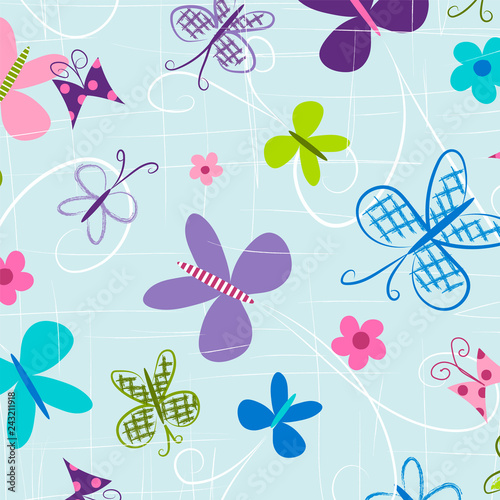 Butterfly seamless pattern. Repeating pattern for fabric, gift wrap, backgrounds, scrapbook paper, kids apparel and more. Colorful butterflies fly across this all over print. Vector illustration.
