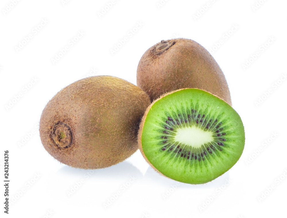 Ripe whole kiwi fruit and half kiwi fruit isolated on white background Ripe whole kiwi fruit and half kiwi fruit isolated on white background