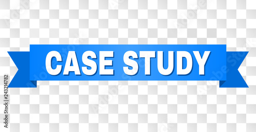 CASE STUDY text on a ribbon. Designed with white caption and blue tape. Vector banner with CASE STUDY tag on a transparent background.