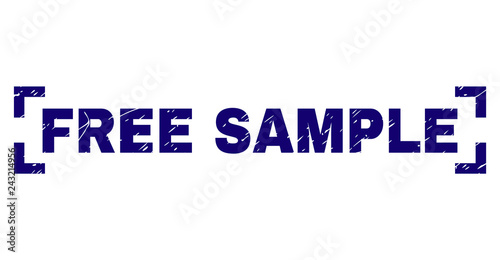 FREE SAMPLE text seal print with corroded texture. Text label is placed between corners. Blue vector rubber print of FREE SAMPLE with unclean texture.