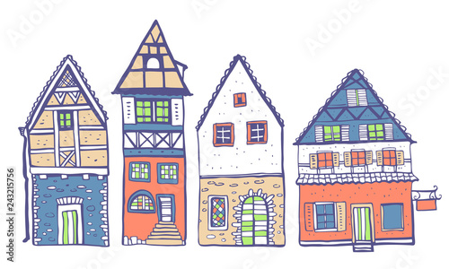 Vintage stone Europe houses. Four old style building facades. Hand drawn color vector sketch illustration