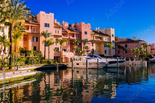 Port of Sotogrande. Port, sea, yachts and colorful houses. Sotogrande, Costa del Sol, Andalusia, Spain. Picture taken – 13 January 2019.