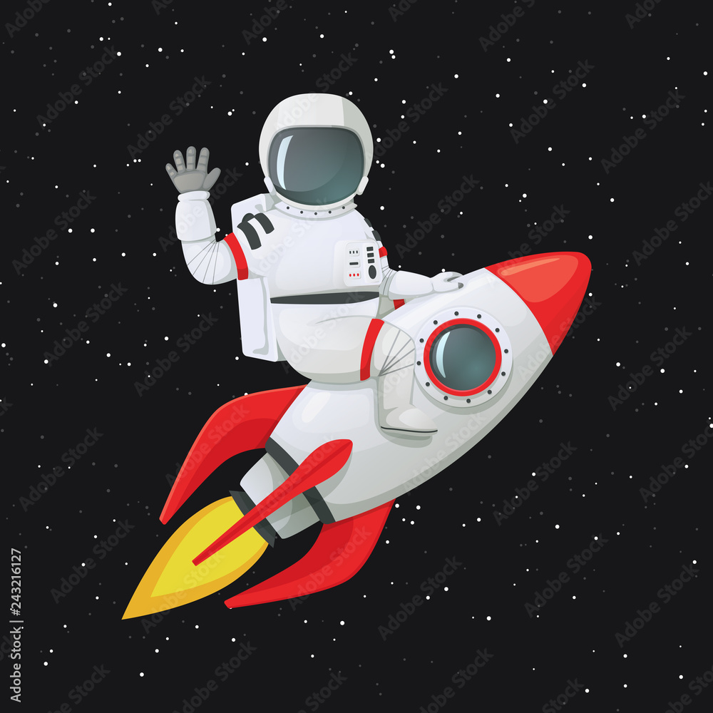 Astronaut sitting astride the rocket ship waving one hand and touching the ship with the other. Astronaut sitting astride the rocket ship waving one hand and touching the ship with the other.