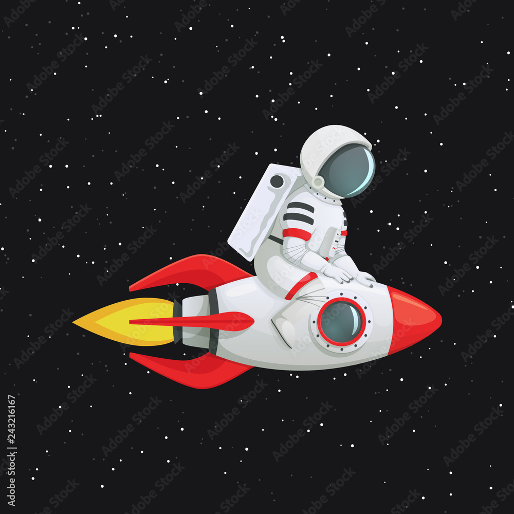Astronaut sitting astride the rocket ship holding onto the ship with both hands. Astronaut sitting astride the rocket ship holding onto the ship with both hands.