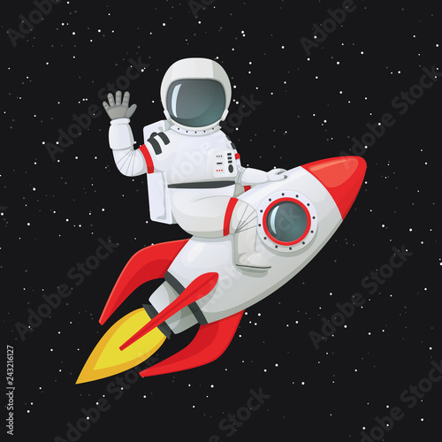 Astronaut sitting astride the rocket ship waving one hand and touching the ship with the other.