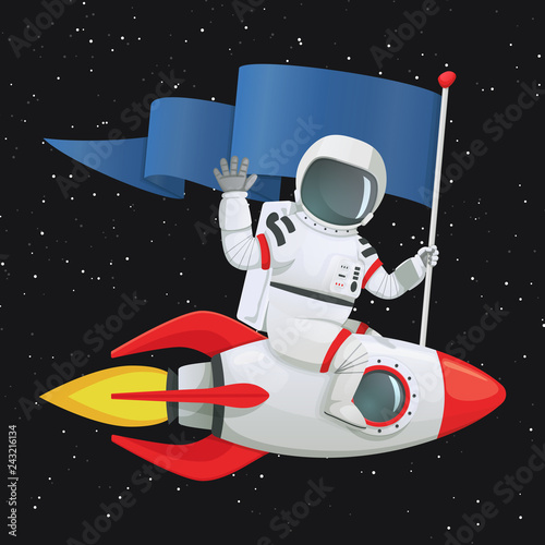 Astronaut sitting astride the rocketship holding the flag and waving.