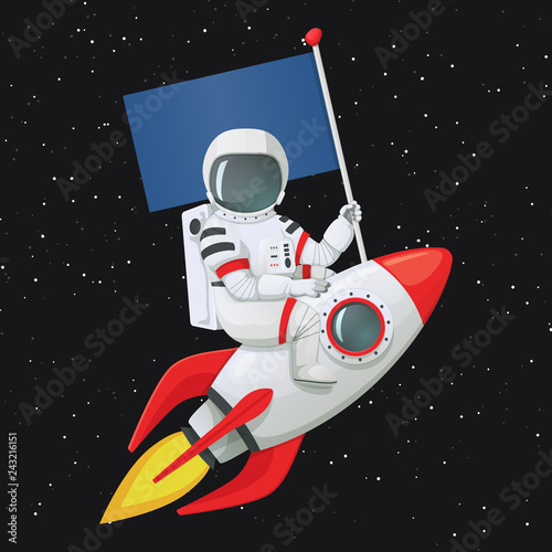 Astronaut sitting astride the rocket ship holding the flag with left hand and touching the ship with the other.