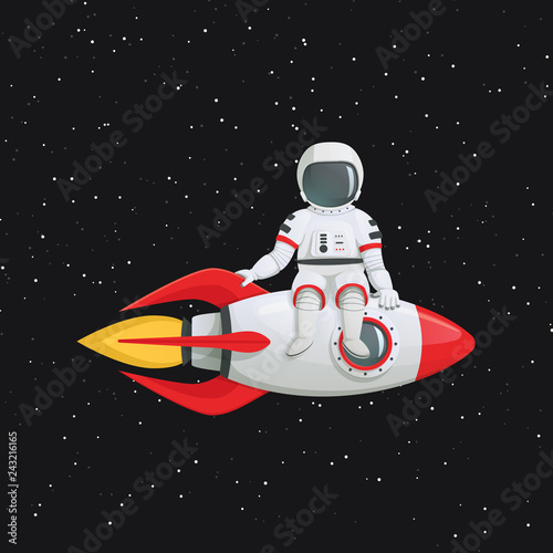Astronaut sitting aside the rocket ship holding onto the ship with both hands.
