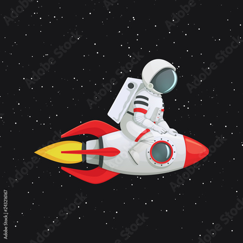 Astronaut sitting astride the rocket ship holding onto the ship with both hands.