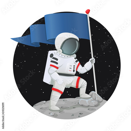 Astronaut with the flag triumphantly standing on the surface of a planet with dark space and stars in the background. Success, achievement, goal or motivation concept.
