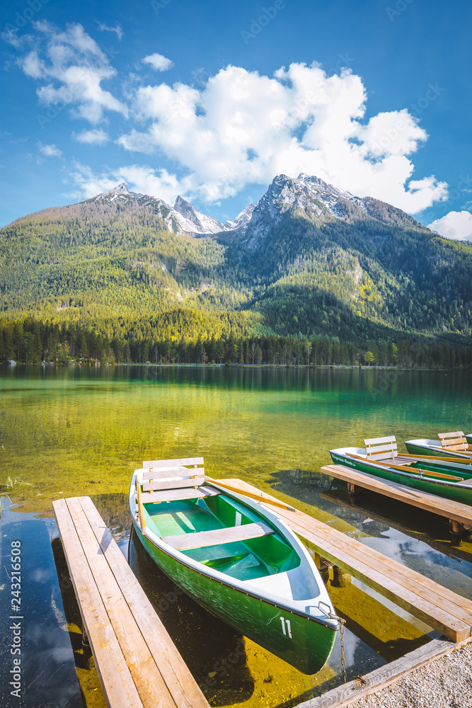Boats at Hintersee lake in summer, Bavaria, Germany