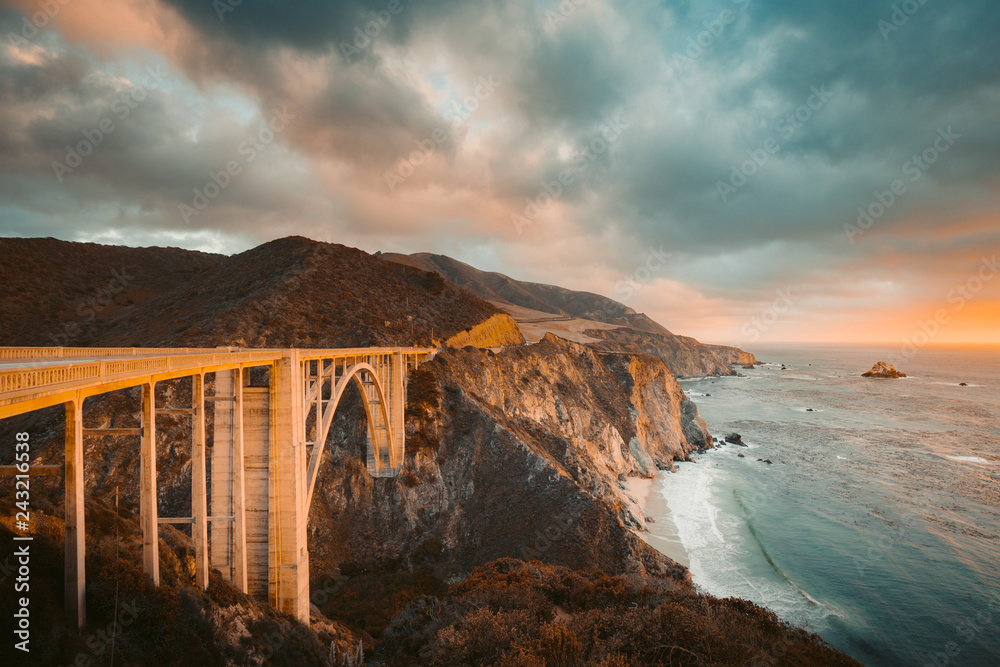 Bixby Bridge with Highway 1 at sunset, Big Sur, California, USA
