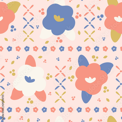 Bold coral blue spring flower seamless vector pattern. Hand drawn large scale floral blooms. All over print with daisy cross petals. Illustration for fashion textiles and floral summer background.