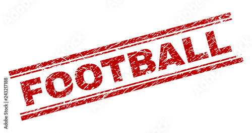 FOOTBALL seal imprint with grunge texture. Red vector rubber print of FOOTBALL title with unclean texture. Text title is placed between double parallel lines.