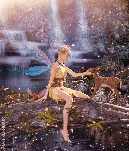 Fényképezés 3d Fantasy Little pixie in mythical forest,3d illustration for book cover or boo