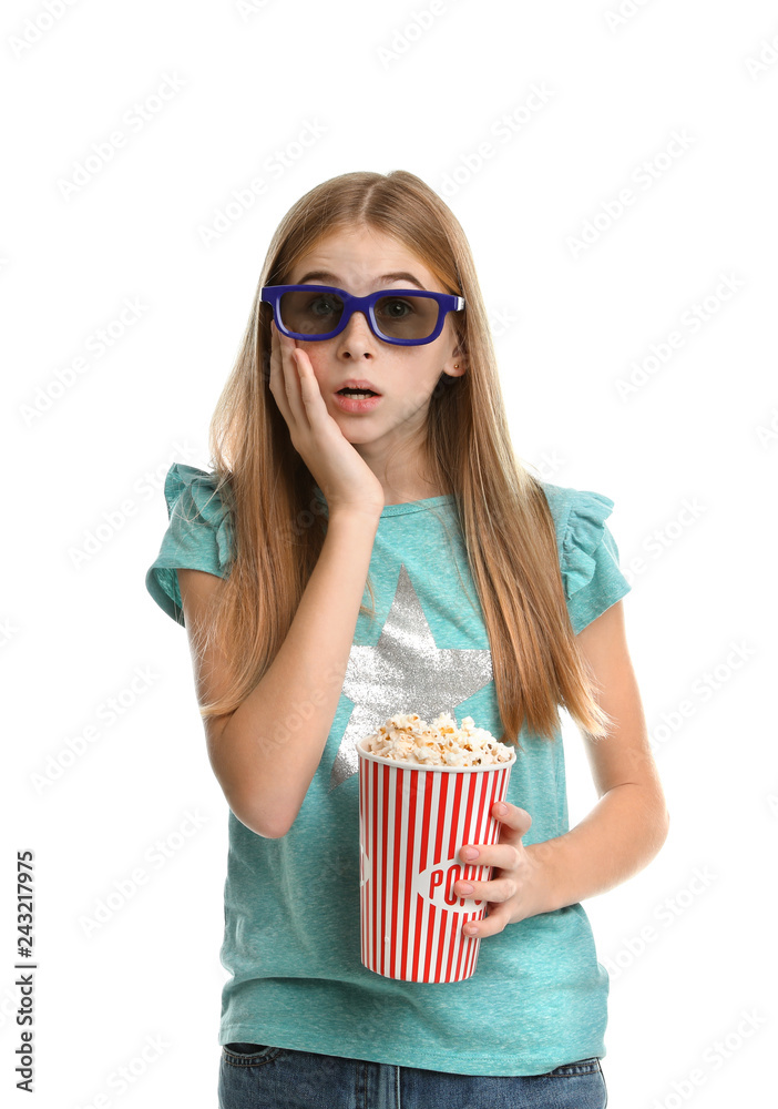 Naklejka premium Emotional teenage girl with 3D glasses and popcorn during cinema show on white background