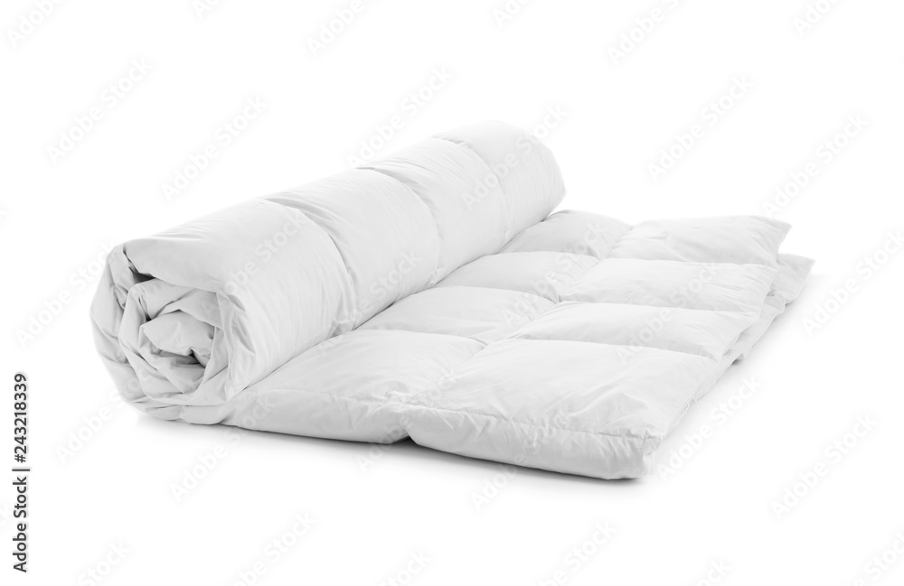 Rolled soft blanket on white background. Textile for bedroom interior - obrazy, fototapety, plakaty 
