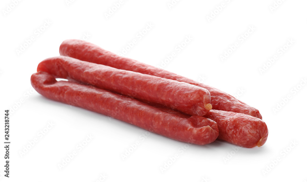 Tasty sausages on white background. Meat product Tasty sausages on white background. Meat product