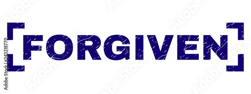 FORGIVEN label seal print with corroded texture. Text caption is placed inside corners. Blue vector rubber print of FORGIVEN with corroded texture.