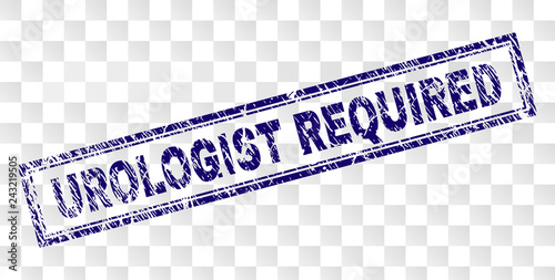 UROLOGIST REQUIRED stamp seal print with rubber print style and double framed rectangle shape. Stamp is placed on a transparent background.