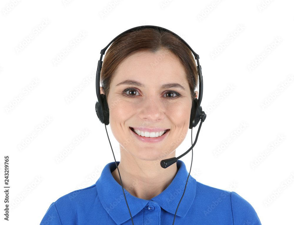 Female technical support operator with headset isolated on white Female technical support operator with headset isolated on white