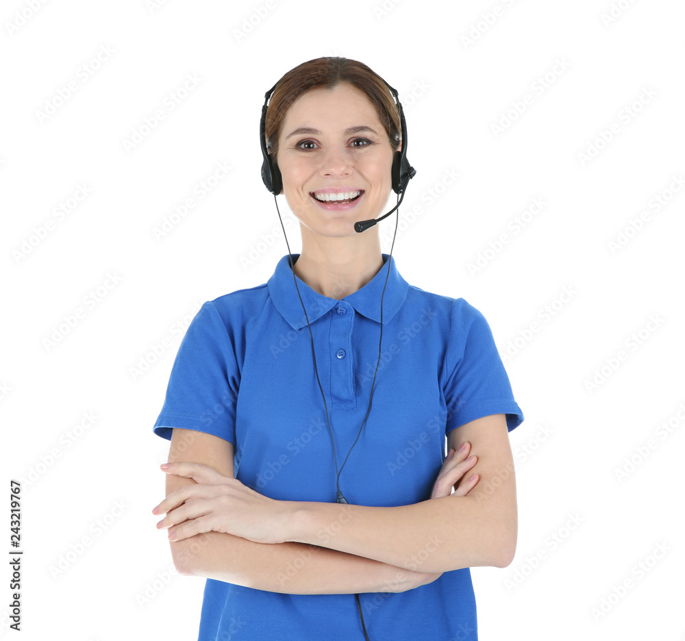 Female technical support operator with headset isolated on white Female technical support operator with headset isolated on white