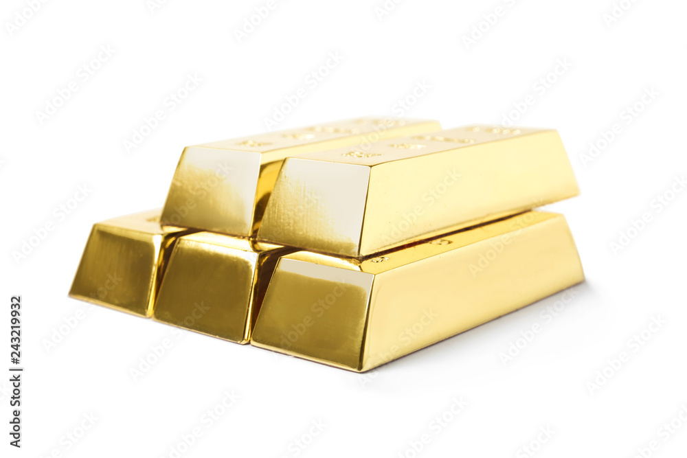 Stack of shining gold bars isolated on white