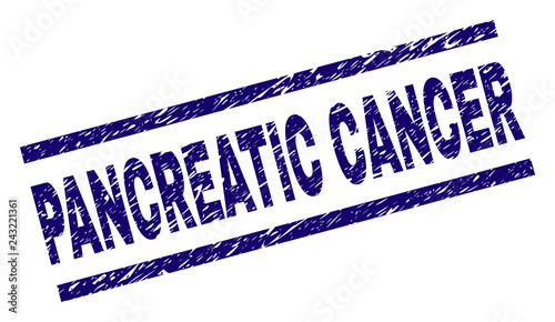 PANCREATIC CANCER seal print with scratced style. Blue vector rubber print of PANCREATIC CANCER text with scratched texture. Text tag is placed between parallel lines.