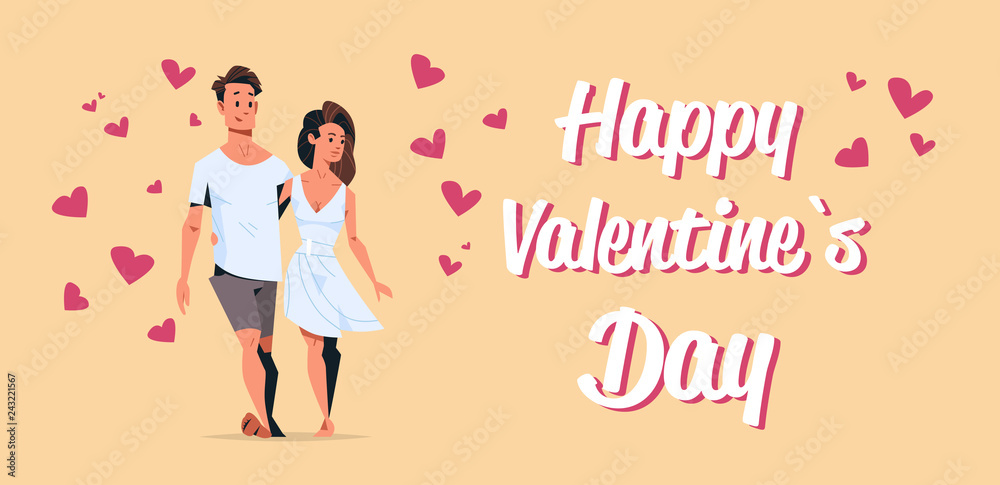 couple in love happy valentines day concept young man woman embracing walking together over heart shapes cartoon characters full length horizontal greeting card couple in love happy valentines day concept young man woman embracing walking together over heart shapes cartoon characters full length horizontal greeting card
