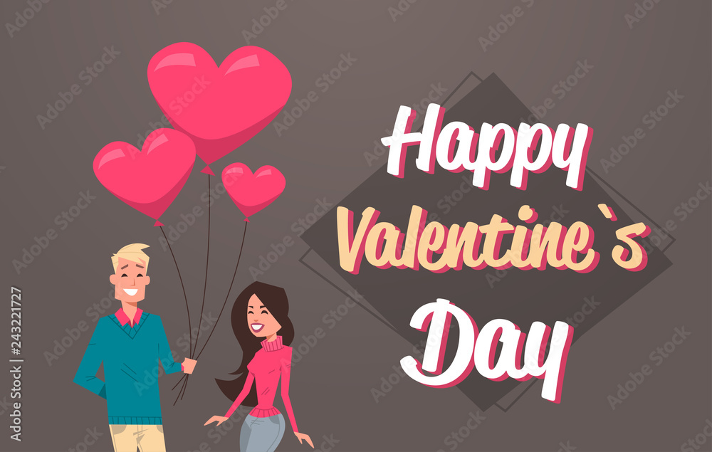 man giving woman pink heart shape air balloons happy valentines day holiday concept young couple in love greeting card portrait horizontal flat man giving woman pink heart shape air balloons happy valentines day holiday concept young couple in love greeting card portrait horizontal flat
