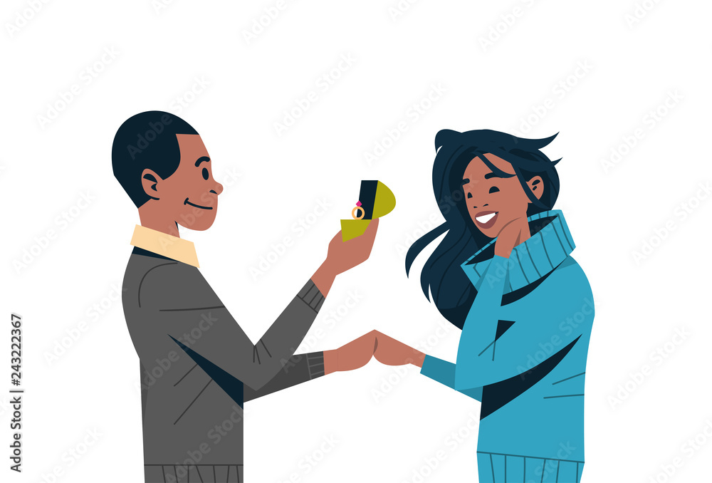 man holding engagement ring proposing to woman marry him happy valentines day concept african american couple in love hands and hearts marriage offer portrait horizontal isolated