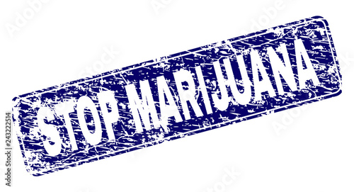 STOP MARIJUANA stamp seal print with grunge texture. Seal shape is a rounded rectangle with frame. Blue vector rubber print of STOP MARIJUANA tag with unclean texture.